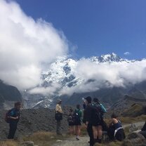 Hooker Valley Track The group hiking the Hooker Valley Track, looking up at Mount Cook